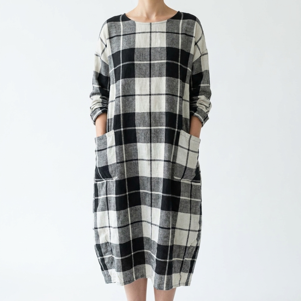 Bold Plaid Polyester Stretch Linen-Look Fabric rendered